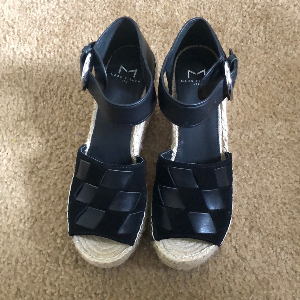 Marc Fisher Black Checkered Platform Espadrilles Wedges